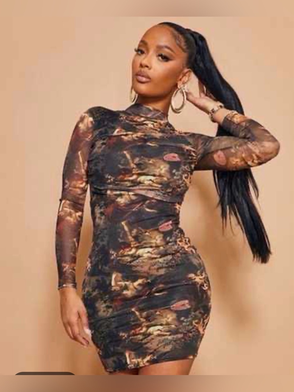 PrettyLittleThing Shape Renaissance Print High Neck Mesh Bodycon Dress size 8
